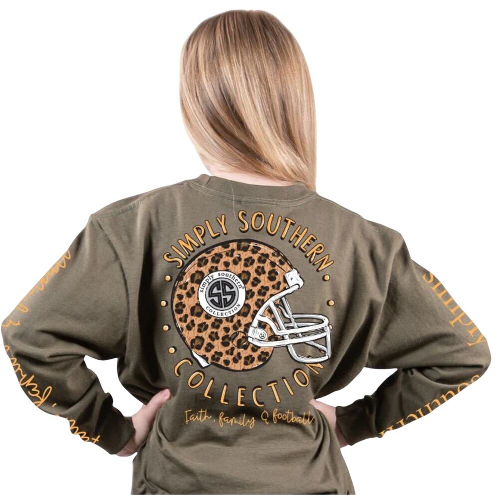 Simply Southern Preppy Leopard Long Sleeve Tee, Faith Family Football, Medium